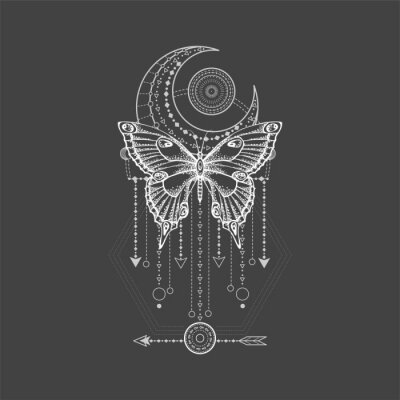 Sticker Vector illustration with hand drawn butterfly and Sacred geometric symbol on black background. Abstract mystic sign.
