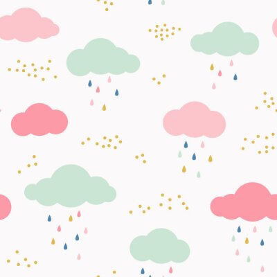 Vector Kinder Muster mit Wolken, regen Tropfen und Punkte. Cute skandinavischen nahtlose Hintergrund in Minze, rosa, gelb und grau.