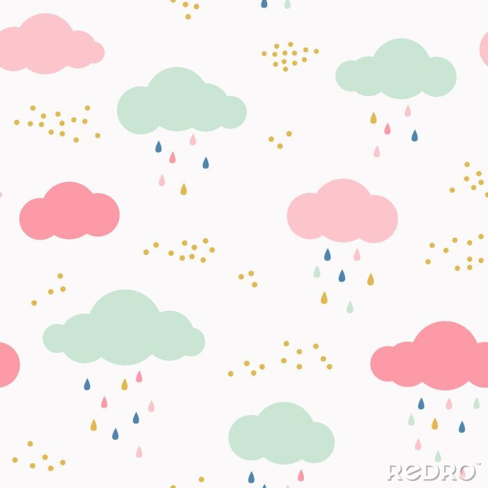 Sticker Vector Kinder Muster mit Wolken, regen Tropfen und Punkte. Cute skandinavischen nahtlose Hintergrund in Minze, rosa, gelb und grau.
