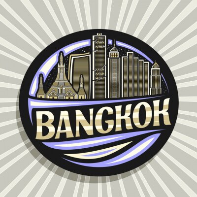 Sticker Vector logo for Bangkok, black decorative badge with outline illustration of famous bangkok city scape on evening sky background, art design tourist fridge magnet with unique letters for word bangkok.