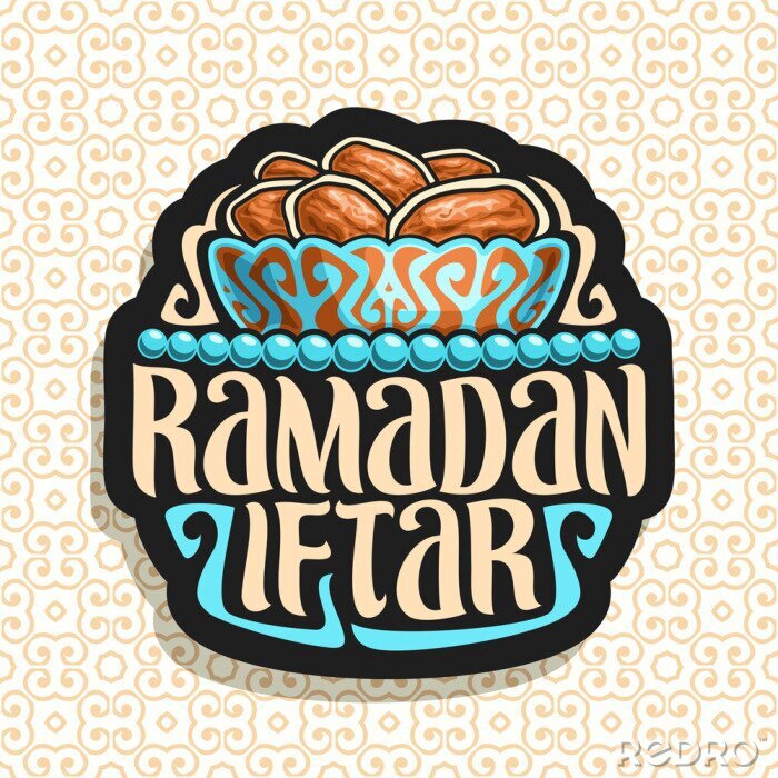 Sticker Vector Logo für Ramadan Iftar, schwarzes Zeichen mit Stapel des islamischen Hungernahrungsmittels - getrocknete Daten in der alten Bronzeschüssel und blauen Gebetsperlen oder im moslemischen Rosenbeet