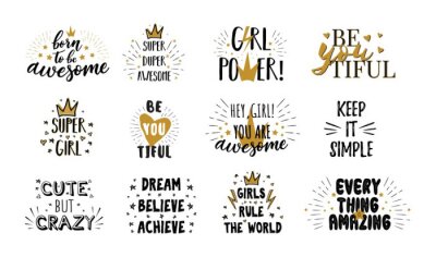Sticker Vector mega set of  girl slogans. Print for t-shirt. Girls motivation quotes. 
