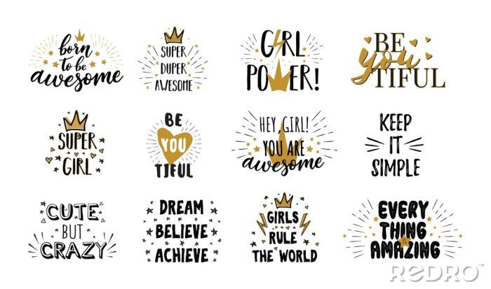 Sticker Vector mega set of  girl slogans. Print for t-shirt. Girls motivation quotes. 