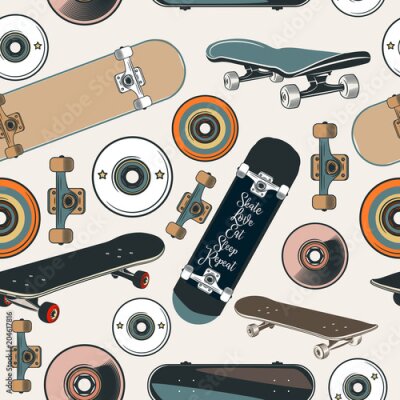 Vector Muster mit Skateboards in der Weinlesehippieart