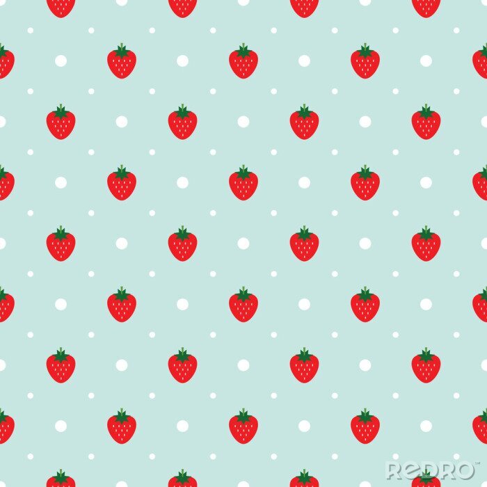 Sticker Vector nahtlose Muster mit Erdbeeren und weißen Punkten