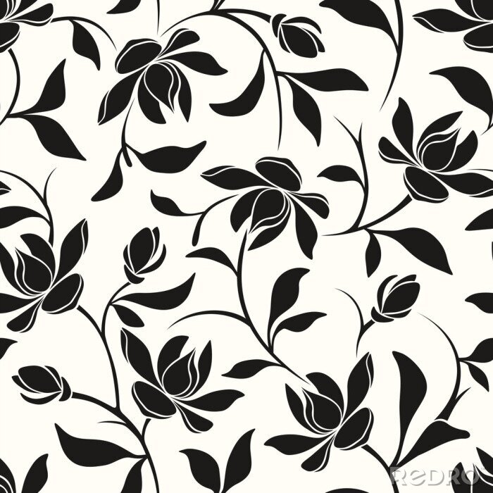 Sticker Vector nahtlose Schwarz-Weiß-Blumenmuster mit Magnolienblüten und Blätter.