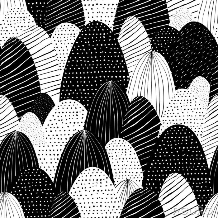 Sticker Vector nahtlosen Gekritzelhintergrund mit abstrakten strukturierten Bergen. Kreative Naturillustration. Hand gezeichnete schwarze weiße Landschaft.