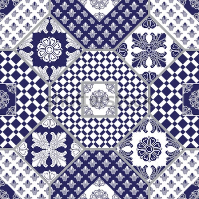 Sticker Vector nahtlosen Patchworkhintergrund von den dunkelblauen und weißen Verzierungen, von den geometrischen Mustern, von den stilisierten Blumen und von den Blättern