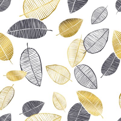 Vector nahtloses Muster mit Hand gezeichneten goldenen, schwarzen, weißen Aquarell- und Tintenblättern. Trendiges skandinavisches Design