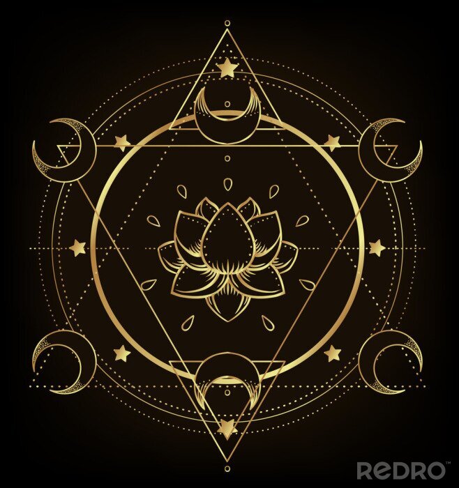Sticker Vector ornamental Lotus flower, ethnic art, patterned Indian paisley. Hand drawn illustration isolated. Invitation. Golden stickers, flash temporary tattoo, mehndi symbol. Gold gradient over black.