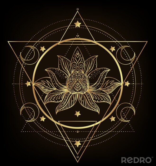 Sticker Vector ornamental Lotus flower, ethnic art, patterned Indian paisley. Hand drawn illustration isolated. Invitation. Golden stickers, flash temporary tattoo, mehndi symbol. Gold gradient over black.