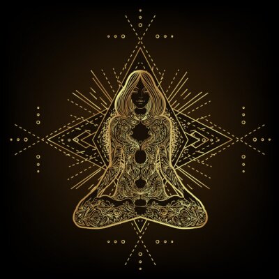 Sticker Vector ornamental Lotus flower, ethnic art, patterned Indian paisley. Hand drawn illustration isolated. Invitation. Golden stickers, flash temporary tattoo, mehndi symbol. Gold gradient over black.