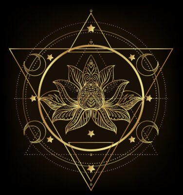 Sticker Vector ornamental Lotus flower, ethnic art, patterned Indian paisley. Hand drawn illustration isolated. Invitation. Golden stickers, flash temporary tattoo, mehndi symbol. Gold gradient over black.