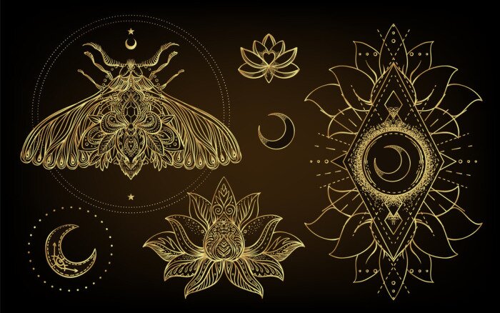 Sticker Vector ornamental Lotus flower, ethnic art, patterned Indian paisley. Hand drawn illustration isolated. Invitation. Golden stickers, flash temporary tattoo, mehndi symbol. Gold gradient over black.