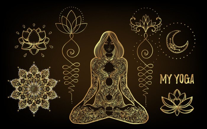 Sticker Vector ornamental Lotus flower, ethnic art, patterned Indian paisley. Hand drawn illustration isolated. Invitation. Golden stickers, flash temporary tattoo, mehndi symbol. Gold gradient over black.