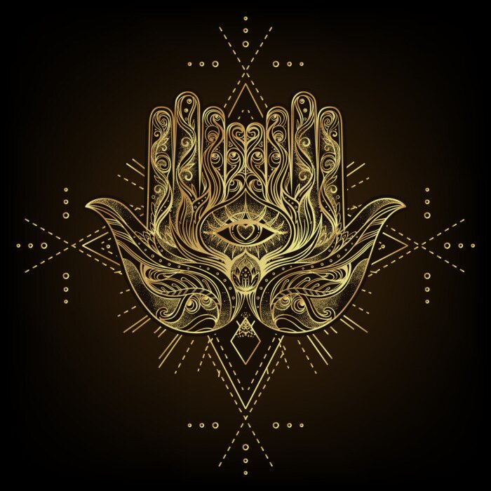 Sticker Vector ornamental Lotus flower, ethnic art, patterned Indian paisley. Hand drawn illustration isolated. Invitation. Golden stickers, flash temporary tattoo, mehndi symbol. Gold gradient over black.