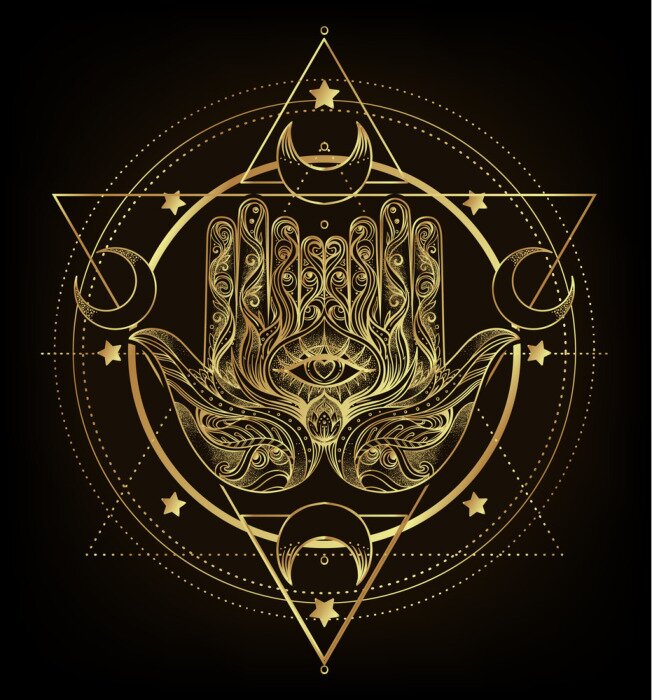 Sticker Vector ornamental Lotus flower, ethnic art, patterned Indian paisley. Hand drawn illustration isolated. Invitation. Golden stickers, flash temporary tattoo, mehndi symbol. Gold gradient over black.