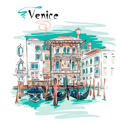 Vector picturesque view with Palazzo in Venetian Gothic style on the Grand Canal in summer day, Venice, Italy.