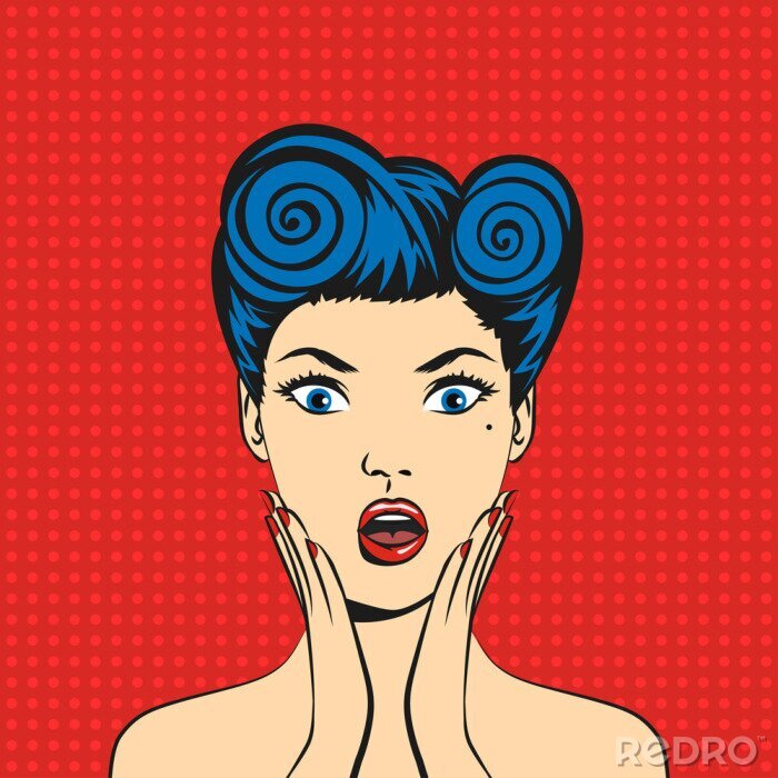 Sticker Vector Pop-Art überrascht Frau Gesicht mit offenem Mund