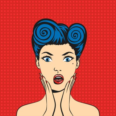Sticker Vector Pop-Art überrascht Frau Gesicht mit offenem Mund