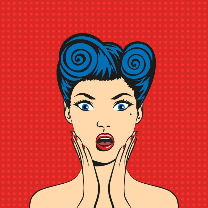 Sticker Vector Pop-Art überrascht Frau Gesicht mit offenem Mund