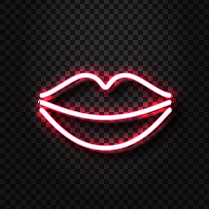Sticker Vector realistische lokalisierte erotische Lippen Neonzeichen für Dekoration und die Abdeckung auf dem transparenten Hintergrund. Konzept des erotischen Show- und Nachtclubs.