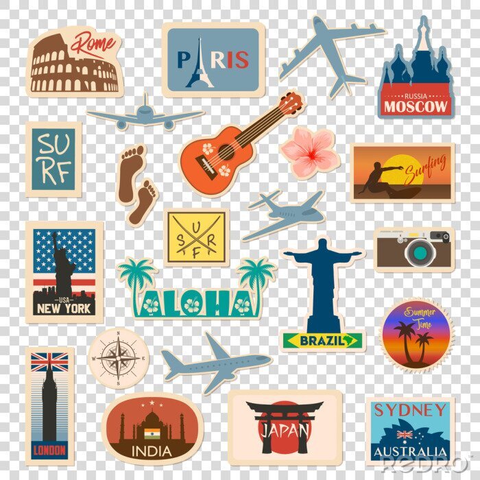 Sticker Vector Reiseaufkleber- und -aufklebersatz mit berühmten Ländern, Städten, Monumenten, Flaggen und Symbolen in der Retro- oder Weinleseart. Umfasst Italien, Frankreich, Russland, USA, England, Indien, 
