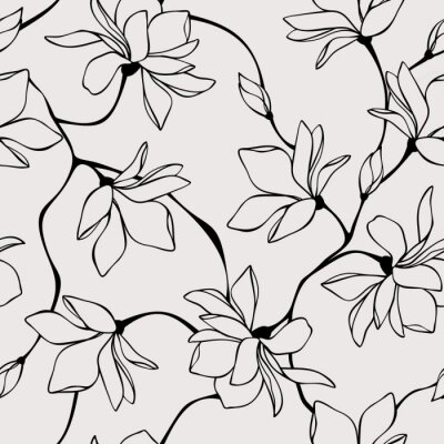 Vector seamless floral pattern with magnolia flowers. Line art illustration.