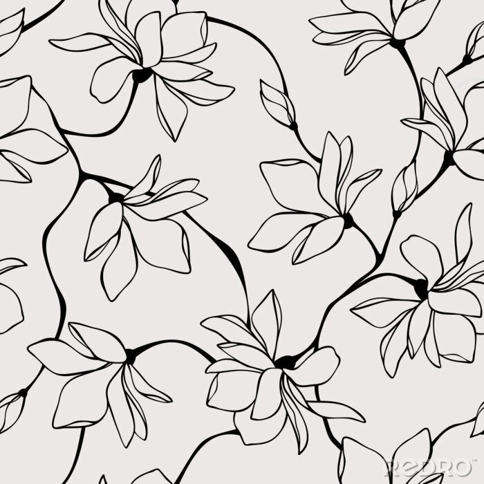 Sticker Vector seamless floral pattern with magnolia flowers. Line art illustration.
