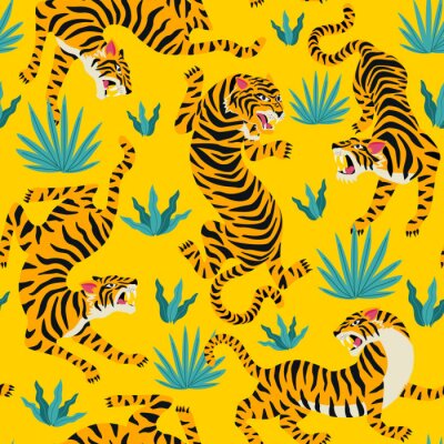 Tapete Vector seamless pattern with cute tigers on background. Circus animal show. Fashionable fabric design.