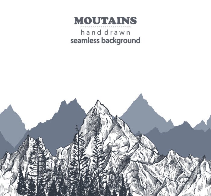 Sticker Vector seamless pattern with hand drawn graphic mountain ranges and pine forest.