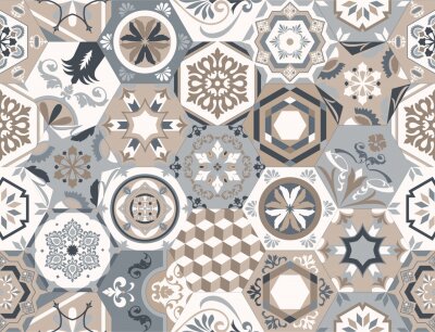 Sticker Vector seamless texture. Beautiful mega patchwork pattern for design and fashion with decorative elements in hexagon. Portuguese tiles, Azulejo, Moroccan ornaments