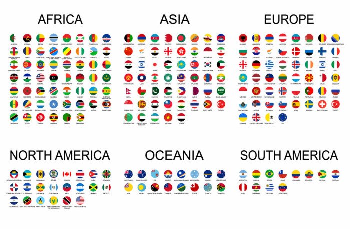 Sticker Vector set official national flags of the world. Country round shape flags collection with detailed emblems.