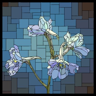Vector stained glass window with blooming flowers of blue delphiniums.