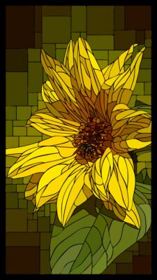 Sticker Vector stained glass window with blooming yellow sunflower.
