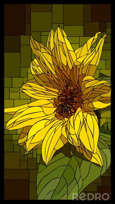 Sticker Vector stained glass window with blooming yellow sunflower.
