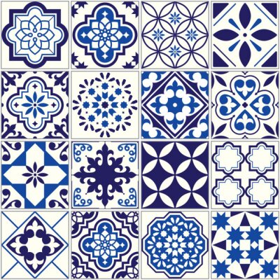 Sticker Vektor Fliesenmuster, Lissabon floralen Mosaik, mediterrane nahtlose navy blau Ornament