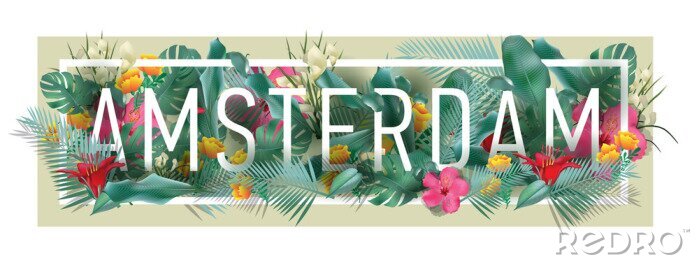 Sticker Vektor floral gerahmte typografische AMSTERDAM Stadt Kunstwerk
