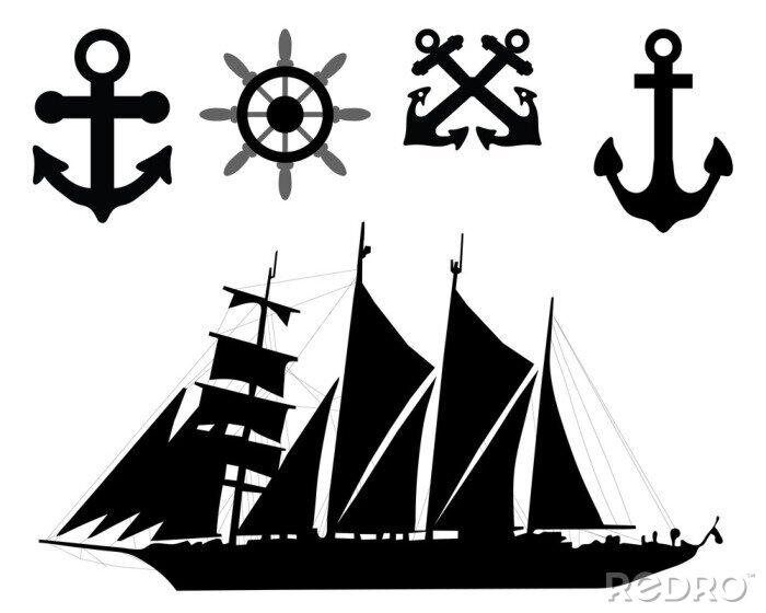 Sticker Vektor-Illustration der Anker, Ruder und Segelboot