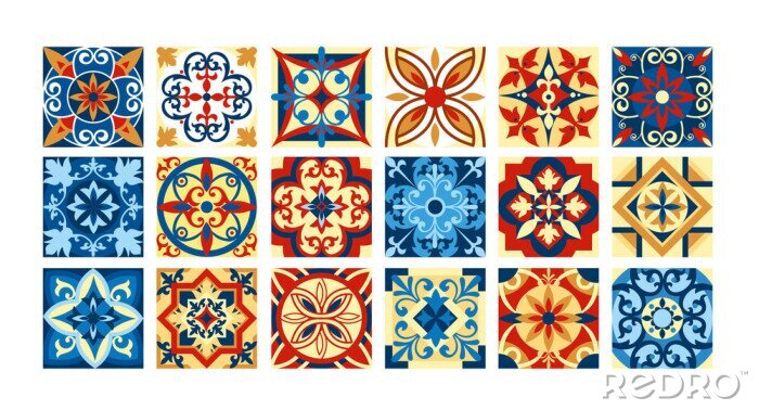 Sticker Vektor-Illustration Sammlung von Keramikfliesen in Retro-Farben. Eine Reihe von quadratischen Mustern im ethnischen Stil. Vektor-Illustration.