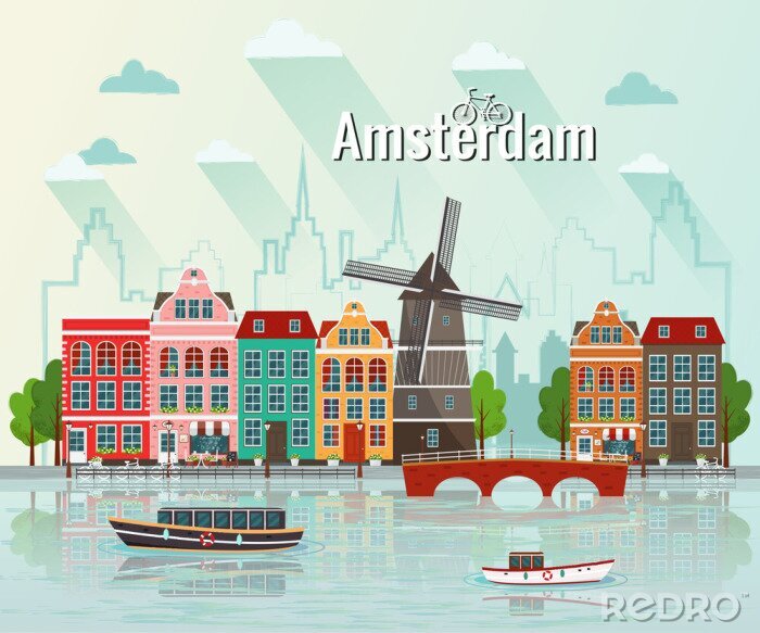 Sticker Vektor-Illustration von Amsterdam. Alte europäische Stadt.