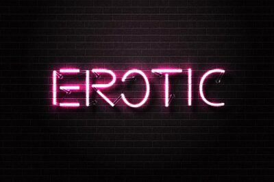 Sticker Vektor realistische isoliert Neon Zeichen der rosa Erotik Text für Dekoration und Abdeckung auf der Wand Hintergrund. Konzept der erotischen Show und Nachtclub.