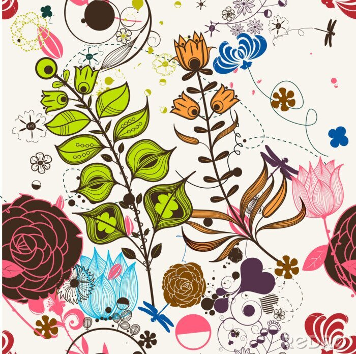 Sticker Vektor Retro Blumen (nahtloses Muster)