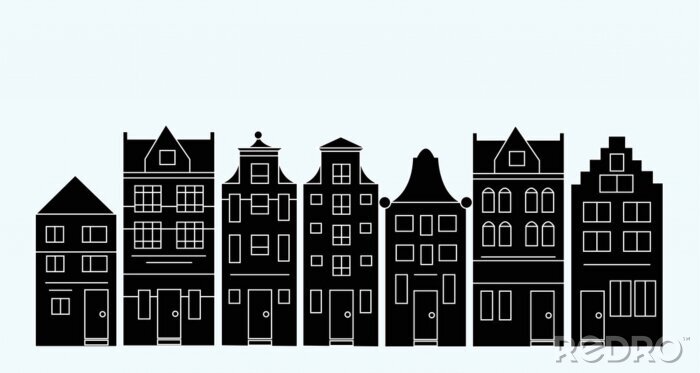 Sticker Vektorillustration von verschiedenen niederländischen Häusern. Amsterdam-Straßenschattenbilder.