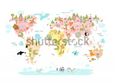 Sticker Vektorkarte der Welt mit Karikaturtieren für Kinder. Europa, Asien, Südamerika, Nordamerika, Australien, Afrika. Löwe, Krokodil, Känguru. Koala, Wal, Bär, Elefant, Hai, Schlange, Tukan.