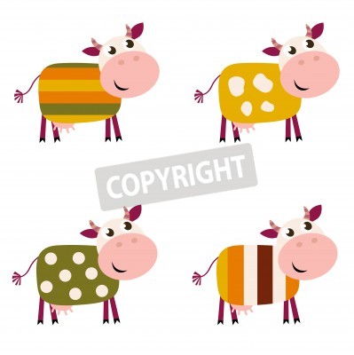 Sticker Vektorsammlung von vier glücklichen kreativen Kuhcharakteren - lokalisiert auf Weiß
