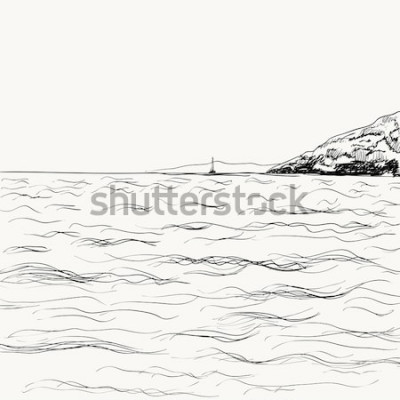 Sticker Vektorskizze der Sommerseelandschaft. Blick auf das Meer und die Berge