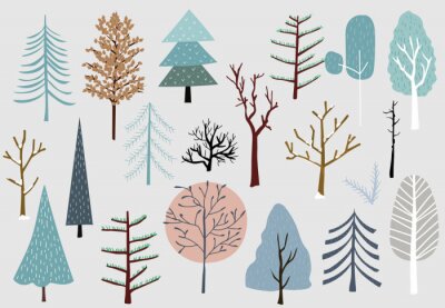 Verschiedene Arten von skandinavischen Bäumen auf grauem Hintergrund
