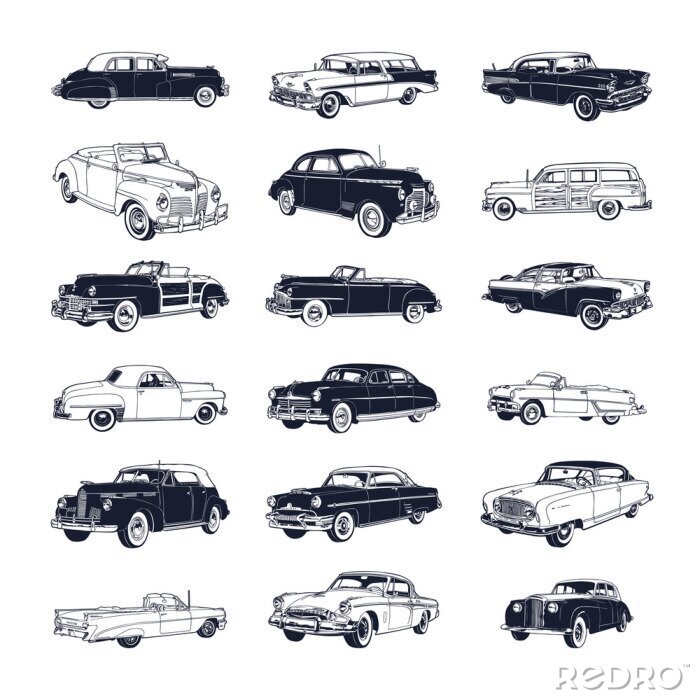 Sticker Verschiedene Modelle von Retro-Autos zweifarbige Grafiken