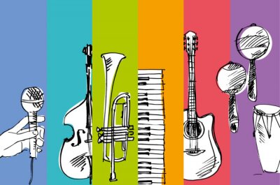 Sticker Verschiedene Musikinstrumente auf buntem Hintergrund